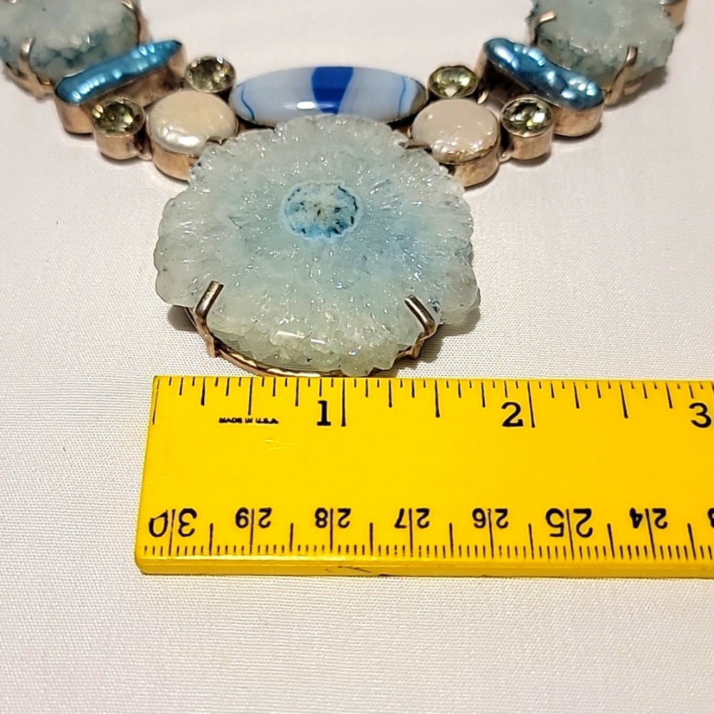 Vintage Sterling Silver Light Blue Solar Quartz Multi Gemstone Necklace View 5